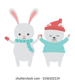 cute polar bear and rabbit with hat sweater and scarf merry christmas vector illustration