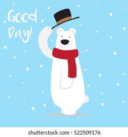 Cute polar bear raise hat in snowy day vector greeting card and sticker