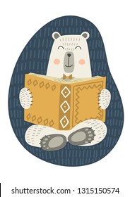 Cute polar bear reading book. Children education illustration.