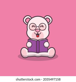 Cute polar bear reading a book. Cute animal cartoon illustration. Flat isolated vector illustration for posters, brochures, web, mascots, stickers, logos and icons.
