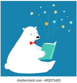 Cute polar bear reading a book vector illustration.