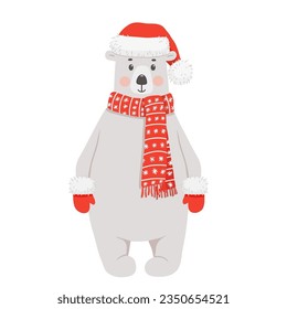 Eisbär in rotem Hut, Schal und Fingerhut. Fantastische Vektorgrafik für Weihnachtskarten und Plakate. Baby-Tier einzeln auf Weiß