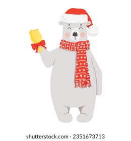 Cute polar bear in red hat, scarf with bell. Funny vector illustration for Christmas cards and posters.
