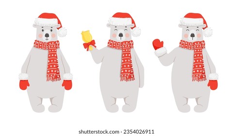 Cute polar bear in red hat, scarf with bell. Funny vector illustrations set for Christmas cards and posters.