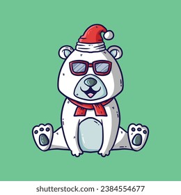 Cute polar bear in red hat, scarf, sun glasses sitting cartoon vector illustration. Funny cartoon illustration for Christmas.