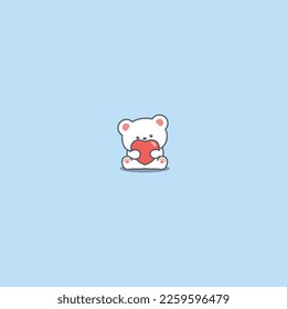 Cute polar bear with red heart cartoon, vector illustration