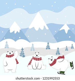 cute  polar bear with red scarf cartoon happy on winter with mountain and snow background, happy christmas day,illustration vector comic art for any card.