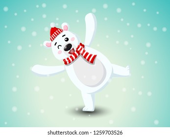 Cute Polar Bear with Red Scarf and Red hat.  Merry Christmas and happy new year. decorative element on holiday. Vector illustration.