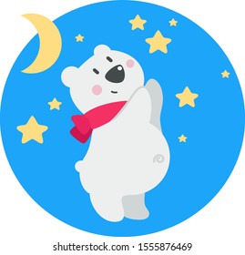 Cute polar bear in a red scarf pulls its paws to the stars around the stars and the moon