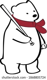 A cute polar bear in red scarf play in baseball