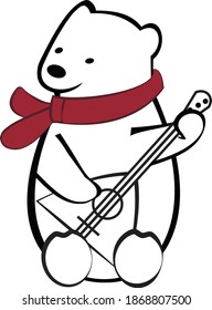 A cute polar bear in red scarf plays the balalaika
