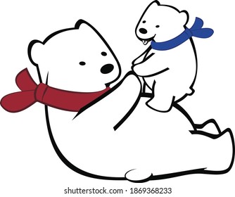 A cute polar bear in red scarf with son in blue scarf