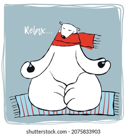 cute polar bear in red scarf meditating, yoga clipart, comic vector illustration with cartoon character