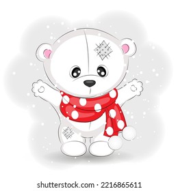 Cute polar bear with red scarf, vector Christmas illustration