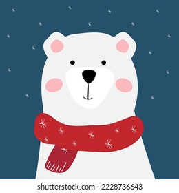 Cute polar bear in a red scarf. Vector winter, Christmas illustration. The spirit of Christmas. White bear in flats style. Idea for postcard, banner. 