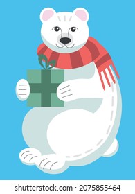 Cute polar bear in a red striped scarf holds green christmas gift in its paws. Cartoon vector illustration in flat style.