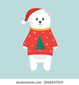 Cute polar bear in red sweater and hat. White bear on a blue background. Christmas concept. Perfect for Christmas and New Year cards. Vector illustration.
