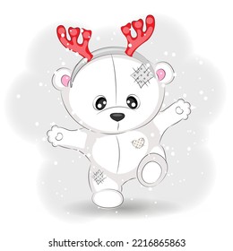 Cute polar bear with reindeer antlers, vector Christmas illustration