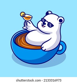 Cute Polar Bear Relax In Cup Coffee Cartoon Vector Icon Illustration. Animal Drink Icon Concept Isolated Premium Vector. Flat Cartoon Style