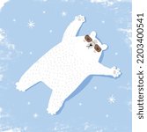 Cute Polar Bear Relaxing on Snow. Simple Hand Drawn Vector Illustration with White Bear on a Blue Background ideal for Card, Poster, Wall Art. Winter Arctic Animal. Kids