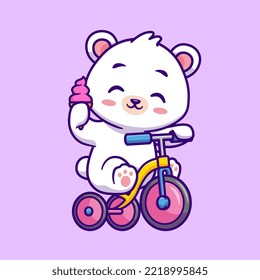 Cute Polar Bear Riding Bicycle With Ice Cream Cone Cartoon Vector Icon Illustration. Animal Transportation Icon Concept Isolated Premium Vector. Flat Cartoon Style