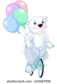 Cute polar bear riding a bicycle with balloons