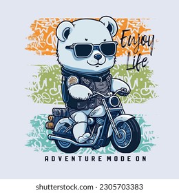 cute cute polar bear riding a motorcycle with slogan, vector illustration