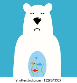 Cute polar bear, sad, there are fish swimming in his stomach, childish funny illustration, hand-drawn, in cartoon style for design of T-shirts, greeting cards, greetings and other design purposes