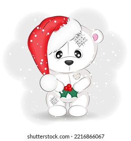 Cute polar bear in a Santa Claus hat holding a leaf of holly, vector illustration