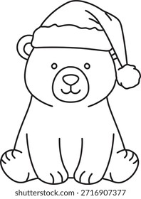 Lindo oso polar con sombrero de Papá Noel para colorear página, contorno de animal de invierno simple para niños, Navidades fáciles Wildlife Line Art