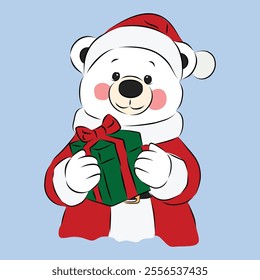 A cute polar bear in a Santa outfit holding a Christmas gift, standing happily.