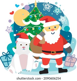 Cute polar bear with Santa sitting next to presents and Christmas tree. Winter weather. Vector illustration. Happy New Year and merry Christmas