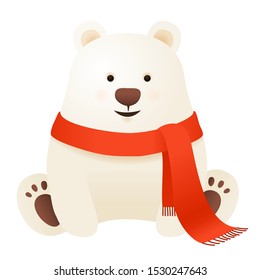 Cute polar bear with scarf, winter christmas vector illustration