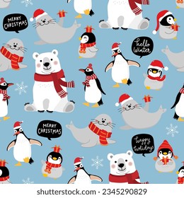 Cute polar bear, seal, penguin and baby in winter costume seamless pattern. Wildlife animal in Christmas holidays outfit background and wallpaper. -Vector