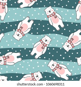 Cute Polar Bear Seamless Pattern, Cartoon Christmas Background, Vector Illustration