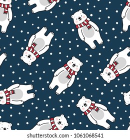 Cute Polar Bear Seamless Pattern, Cartoon Christmas Background, Vector Illustration