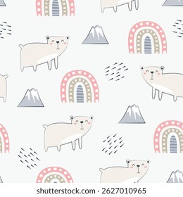 Cute polar bear seamless pattern. Childish and playful  vector illustration for kids or baby apparel,  textile, print, wrapping paper, kindergarten, bedding and other