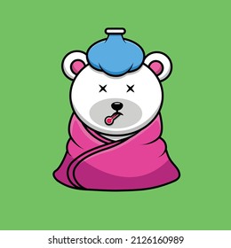 Cute Polar Bear Sick Cartoon Vector Icon Illustration. Animal Health Icon Concept Isolated Premium Vector. Flat Cartoon Style