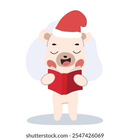 bonito urso polar cantando canções de natal em arte de desenho animado de roupa de inverno para a ilustração de férias