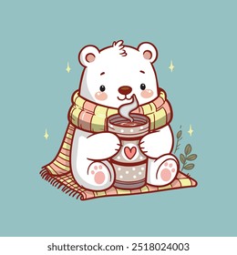 Cute polar bear sipping hot chocolate from a large mug in a winter morning. Kawaii polar bear.