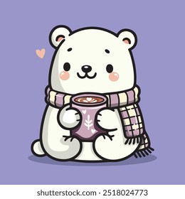 Cute polar bear sipping hot chocolate from a large mug in a winter morning. Kawaii polar bear.