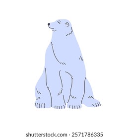 Cute polar bear sits, looking aside. Big white animal of North Pole relaxes. Large furry arctic inhabitant has a rest. Wild fauna, predator of Antarctica, tundra. Flat isolated vector illustration