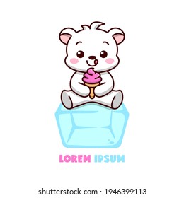 CUTE POLAR BEAR SITS ON A ICE CUBE WHILE EATING A STRAWBERRY ICE CREAM CARTOON MASCOT.