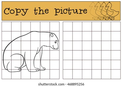 Cute polar bear sits and smiles. Educational game: Copy the picture. 