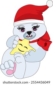 A Cute Polar Bear Sitting Christmas Holiday Santa Hat Vector Cartoon Mascot 