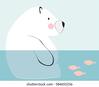 Cute polar bear sitting down on the water. Children drawings vector. 