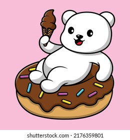 Cute Polar Bear Sitting On Doughnut Holding Ice Cream Cartoon Vector Icon Illustration. Animal Food Icon Concept Isolated Premium Vector
