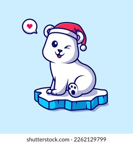 Oso Polar lindo sentado en la Ilustración del Icono del vector de caricaturas de hielo. Concepto de icono de la naturaleza animal Vector Premium aislado. Estilo de dibujo plano