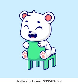 Cute Polar Bear Sitting on Chair Cartoon Vector Icon Illustration. Animal Nature Icon Concept Isolated Premium Vector. Flat Cartoon Style