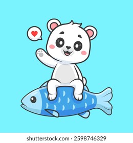 Cute Polar Bear Sitting On Fish And Waving Hand Cartoon Vector Icon Illustration. Animal Food Icon Concept Isolated Premium Vector. Flat Cartoon Style